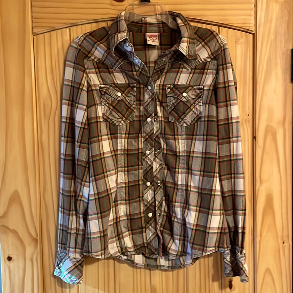True Religion multicolor plaid flannel snap up shirt